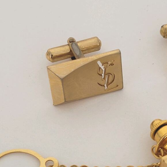 Yves Saint Laurent YSL Gold Tone Rectangle Logo Cufflinks Tie Pin Designer Set - Picture 2 of 12